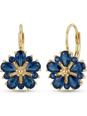 Gold Floral Blue Crystal Drop Earrings with Leverback